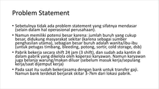 Problem Statement
• Sebetulnya tidak ada problem statement yang sifatnya mendasar
(selain dalam hal operasional perusahaan).
• Namun memiliki potensi besar karena: jumlah buruh yang cukup
besar, didukung masyarakat sekitar (karena sebagai sumber
penghasilan utama), sebagian besar buruh adalah wanita/ibu-ibu
(untuk petugas timbang, bleeding, potong, sortir, cold storage, dsb)
• Pabrik bekerja secara shift 24 jam (3 shift), dan sudah ada kantin di
dalam pabrik yang dikelola oleh koperasi karyawan. Namun karyawan
juga belanja warung/makan diluar (sebelum masuk kerja/sepulang
kerja/saat dijemput kerja)
• Pada saat itu sudah bekerjasama dengan bank untuk transfer gaji.
Namun bank terdekat berjarak skitar 3-7km dari lokasi pabrik.
 