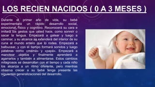 LOS RECIEN NACIDOS ( 0 A 3 MESES )
Durante el primer año de vida, su bebé
experimentará un rápido desarrollo social,
emocional, físico y cognitivo. Reconocerá su cara e
imitará los gestos que usted hace, como sonreír o
sacar la lengua. Empezará a gatear y luego a
caminar, y su alcance se extenderá del interior de su
cuna al mundo entero que lo rodea. Empezará a
balbucear, y con el tiempo formará sonidos y luego
palabras como «mamá» y «papá». Empezará a
manotear objetos y finalmente aprenderá a
agarrarlos y también a alimentarse. Estos cambios
milagrosos se desarrollan con el tiempo y cada niño
los alcanza a un ritmo diferente, pero mientras
observa crecer a su bebé tenga presente las
siguientes generalizaciones del desarrollo.
 