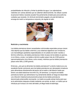 probabilidades de infección y limitar la pérdida de agua. Los calentadores
radiantes son camas abiertas que se calientan eléctricamente. Se utilizan cuando
el personal médico necesita acceder frecuentemente al bebé para procurarle los
cuidados que necesita. Un diminuto termómetro pegado a la piel del bebé se
encarga de medir su temperatura corporal y de regular el calor.
Nutrición y crecimiento
Los bebés prematuros tienen necesidades nutricionales especiales porque crecen
más deprisa que los bebés a término y sus sistemas digestivos son inmaduros.
Los neonatólogos (pediatras especializados en el cuidado de recién nacidos a
término enfermos y de bebés prematuros) miden el peso de los bebés en gramos,
no en libras y onzas. Los bebés a término suelen pesar más de 2.500 gramos
(aproximadamente cinco libras y ocho onzas), mientras que los bebés prematuros
pesan entre 500 y 2.500 gramos.
Entonces, ¿de qué se alimentan los bebés prematuros? La leche materna es una
excelente fuente nutricional, pero los bebés prematuros son demasiado inmaduros
para alimentarse directamente del pecho de la madre o del biberón hasta que
tienen una edad estacionar de entre 32 y 34 semanas. La mayoría de bebés
prematuros tienen que alimentarse muy lentamente debido al riesgo de desarrollar
una infección intestinal exclusivamente propia de los bebés prematuros
denominada enterocolitis necrosante. La madre se puede extraer leche para que
se la administren después al bebé mediante una sonda, es decir, un tubito que se
introduce por la boca o la nariz del bebé y le llega hasta el estómago.
 