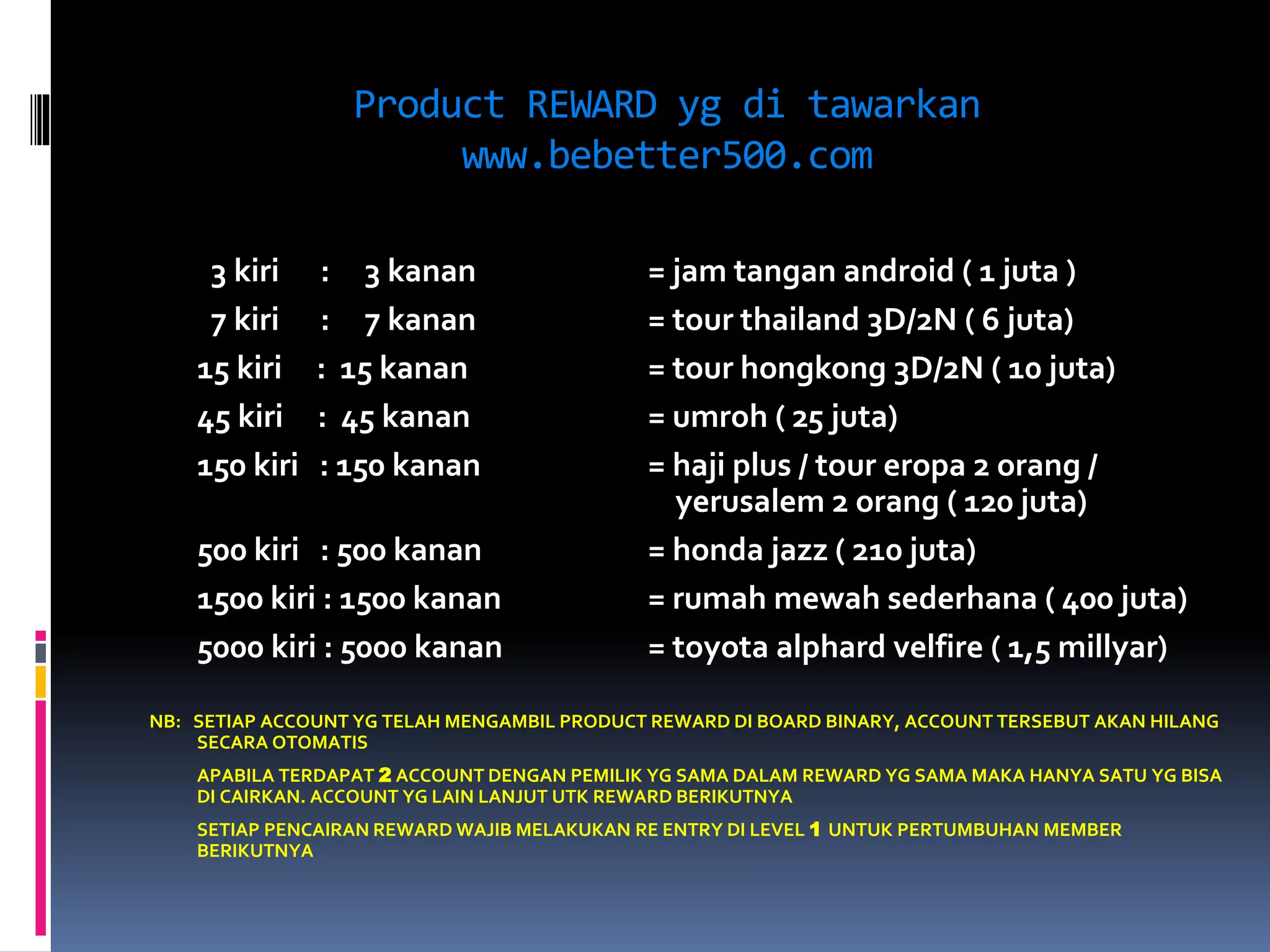 Product REWARD yg di tawarkan
www.bebetter500.com
3 kiri : 3 kanan = jam tangan android ( 1 juta )
7 kiri : 7 kanan = tour thailand 3D/2N ( 6 juta)
15 kiri : 15 kanan = tour hongkong 3D/2N ( 10 juta)
45 kiri : 45 kanan = umroh ( 25 juta)
150 kiri : 150 kanan = haji plus / tour eropa 2 orang /
yerusalem 2 orang ( 120 juta)
500 kiri : 500 kanan = honda jazz ( 210 juta)
1500 kiri : 1500 kanan = rumah mewah sederhana ( 400 juta)
5000 kiri : 5000 kanan = toyota alphard velfire ( 1,5 millyar)
NB: SETIAP ACCOUNT YG TELAH MENGAMBIL PRODUCT REWARD DI BOARD BINARY, ACCOUNT TERSEBUT AKAN HILANG
SECARA OTOMATIS
APABILA TERDAPAT 2 ACCOUNT DENGAN PEMILIK YG SAMA DALAM REWARD YG SAMA MAKA HANYA SATU YG BISA
DI CAIRKAN. ACCOUNT YG LAIN LANJUT UTK REWARD BERIKUTNYA
SETIAP PENCAIRAN REWARD WAJIB MELAKUKAN RE ENTRY DI LEVEL 1 UNTUK PERTUMBUHAN MEMBER
BERIKUTNYA
 