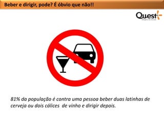 Beber e dirigir, pode? É óbvio que não!!




  81% da população é contra uma pessoa beber duas latinhas de
  cerveja ou dois cálices de vinho e dirigir depois.
 