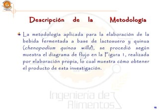 Descripción de la MetodologíaDescripción de la Metodología
La metodología aplicada para la elaboración de la
bebida fermentada a base de lactosuero y quinua
(chenopodium quinoa willd), se procedió según
muestra el diagrama de flujo en la Figura 1, realizada
por elaboración propia, lo cual muestra cómo obtener
el producto de esta investigación.
1616
 