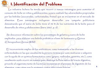 33
I.I. Identificación del ProblemaIdentificación del Problema
La industria lechera ha tenido que recurrir a nuevas estrategias para aumentar el
consumo de leche en niños y adolescentes, y para combatir las adversidades propiciadas
por las bebidas (azucaradas, carbonatadas, frutas) que se encuentran en el mercado de
alimentos. Esas estrategias incluyeron desarrollar una campaña publicitaria
demostrando que el suero de leche tiene el 50 % de los nutrientes de la leche para el
desarrollo de niños y adolescentes (Itara 2007, p. 6).
 
Se desconoce información sobre los porcentajes de gelatina y suero de leche
empleados para elaborar una bebida probiótica a base de lactosuero y Quinua
(Chenopodium Quinoa Willd).
 
El inconveniente empleo de los antibióticos, como tratamiento a las diversas
enfermedades en las que usualmente la persona termina por auto medicarse o adquiere
con la ayuda de un químico farmacéutico como (gripes, resfriados, gastritis, etc.), como
usualmente suele ocurrir en nuestro país; destruye la flora nativa del tracto digestivo,
privando al organismo tanto de bacterias necesarias en el proceso de digestión de los
alimentos, como otras que lo protegen contra infecciones futuras.
 