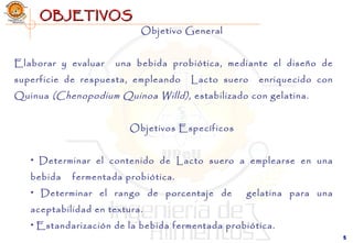 55
OBJETIVOSOBJETIVOS
Objetivo General
Elaborar y evaluar una bebida probiótica, mediante el diseño de
superficie de respuesta, empleando Lacto suero enriquecido con
Quinua (Chenopodium Quinoa Willd), estabilizado con gelatina.
  Objetivos Específicos
• Determinar el contenido de Lacto suero a emplearse en una
bebida fermentada probiótica.
• Determinar el rango de porcentaje de gelatina para una
aceptabilidad en textura.
• Estandarización de la bebida fermentada probiótica.
 