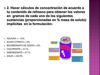 

2. Hacer cálculos de concentración de acuerdo a
tu contenido de refresco para obtener los valores
en gramos de cada uno de los siguientes
sustancias (proporcionadas en % masa de soluto)
implícitas en la formulación:



AZUCAR ---- 12%



ACIDO CITRICO----3%



BICARBONATO DE SODIO----2%



COLORANTE----0.1%



SABORIZANTE----0.1%



AGUA ----82.8%

 