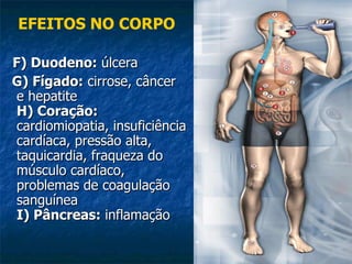F) Duodeno:  úlcera G) Fígado:  cirrose, câncer e hepatite  H) Coração:  cardiomiopatia, insuficiência cardíaca, pressão alta, taquicardia, fraqueza do músculo cardíaco, problemas de coagulação sanguínea I) Pâncreas:  inflamação EFEITOS NO CORPO 