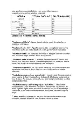 Veja quanto um copo das bebidas mais consumidas possuem,
respectivamente, de teor alcoólico e calorias:

BEBIDA
CERVEJA
CHAMPANHE
SAQUÊ
UÍSQUE
VINHO BRANCO
VINHO TINTO
VODKA
CACHAÇA

TEOR ALCOOLICO

CALORIAS (KCAL)

5%

100

11%
38%
43
12%
11% À 14%
40%
38% À 56%

170
285
500
133
144
462
231

Verdades e mentiras sobre a bebida
"Vou tomar café forte" - Apesar de estimulante, o café de nada altera o
estado de embriaguez.
"Vou tomar banho frio" - Água fria apenas dá a sensação de "acordar" no
instante da ducha. Os efeitos do álcool, porém, permanecem inalterados.
"Vou tomar vento" - Os efeitos do álcool não se dissipam com um "ventinho".
Só o passar do tempo elimina o álcool do organismo.
"Vou comer antes de beber" - Os efeitos do álcool variam de pessoa para
pessoa, mas uma coisa é certa: o álcool sempre produzirá alterações emsua
percepção, ainda que você esteja muito bem alimentado.
"Vou tomar um remédio" - A ciência não conseguiu produzir qualquer droga
que elimine os efeitos do álcool. Nenhum comprimido, nenhuma receita
milagrosa.
"Vou beber porque conheço o meu limite" - Ninguém está tão acostumado a
beber a ponto de ficar livre dos efeitos do álcool. É difícil saber exatamente a
hora de parar. Até porque a primeira função a ser comprometida pela bebida é
a capacidade crítica.
"Vou beber esse tipo de bebida porque é mais fraca." - Não existem
bebidas fracas. O que determina o estado de alcoolemia é a quantidade de
álcool ingerido. Ingerir 340ml de uísque ou cachaça não faz muita diferença. O
certo é que, quem bebe, diminui os reflexos e não pode, de maneiraalguma,
dirigir.
O único remédio é o tempo: As medidas citadas anteriormente apenas
produzem bêbados despertos, mas tão bêbados quanto antes.

 