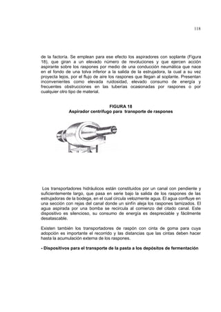 118
de la factoría. Se emplean para ese efecto los aspiradores con soplante (Figura
18), que giran a un elevado número de revoluciones y que ejercen acción
aspirante sobre los raspones por medio de una conducción neumática que nace
en el fondo de una tolva inferior a la salida de la estrujadora, la cual a su vez
proyecta lejos, por el flujo de aire los raspones que llegan al soplante. Presentan
inconvenientes como elevada ruidosidad, elevado consumo de energía y
frecuentes obstrucciones en las tuberías ocasionadas por raspones o por
cualquier otro tipo de material.
FIGURA 18
Aspirador centrifugo para transporte de raspones
Los transportadores hidráulicos están constituidos por un canal con pendiente y
suficientemente largo, que pasa en serie bajo la salida de los raspones de las
estrujadoras de la bodega, en el cual circula velozmente agua. El agua confluye en
una sección con rejas del canal donde un sinfín aleja los raspones tamizados. El
agua aspirada por una bomba se recircula al comienzo del citado canal. Este
dispositivo es silencioso, su consumo de energía es despreciable y fácilmente
desatascable.
Existen también los transportadores de raspón con cinta de goma para cuya
adopción es importante el recorrido y las distancias que las cintas deben hacer
hasta la acumulación externa de los raspones.
- Dispositivos para el transporte de la pasta a los depósitos de fermentación
 