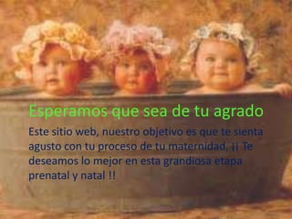 Esperamos que sea de tu agrado
Este sitio web, nuestro objetivo es que te sienta
agusto con tu proceso de tu maternidad, ¡¡ Te
deseamos lo mejor en esta grandiosa etapa
prenatal y natal !!
 