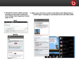 5. Bebo users click from e-mails to Coke Web and/or Mobile Feature Profile Pages. Campaign is coordinated across web AND mobile Web Mobile 4. Recipients receive a Bebo success message on web and/or mobile that drive to Bebo Coke Happiness Factory  page via link 