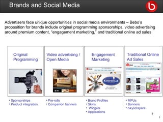Brands and Social Media Advertisers face unique opportunities in social media environments – Bebo’s proposition for brands include original programming sponsorships, video advertising around premium content, “engagement marketing,” and traditional online ad sales Sponsorships Product integration Pre-rolls Companion banners Brand Profiles Skins Widgets Applications MPUs Banners Skyscrapers Engagement  Marketing Original Programming Traditional Online Ad Sales Video advertising /  Open Media 