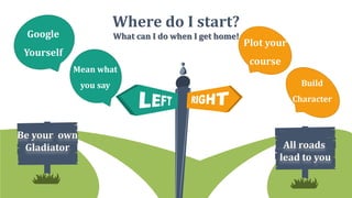 47
Where do I start?
What can I do when I get home!
Be your own
Gladiator All roads
lead to you
Google
Yourself
Mean what
you say Build
Character
Plot your
course
 