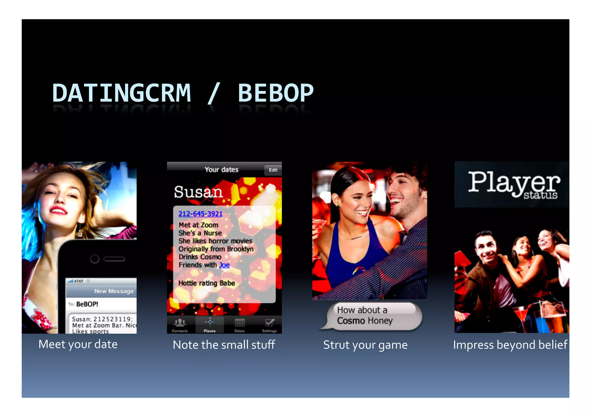 Meet	
  your	
  date	
     Note	
  the	
  small	
  stuﬀ	
     Strut	
  your	
  game	
     Impress	
  beyond	
  belief	
  
 