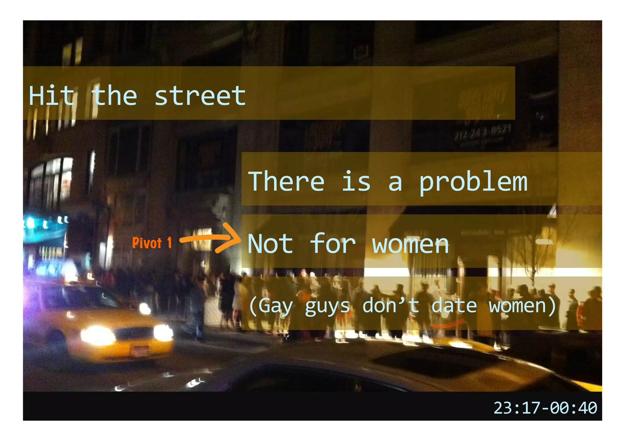Hit	
  the	
  street	
  	
  

                        There	
  is	
  a	
  problem	
  
           Pivot 1      Not	
  for	
  women	
  
                        (Gay	
  guys	
  don’t	
  date	
  women)	
  



                                                        23:17-­‐00:40	
  
 
