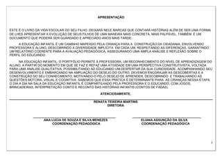 2
APRESENTAÇÃO
ESTE É O LIVRO DA VIDA ESCOLAR DO SEU FILHO. DEIXARÁ NELE MARCAS QUE CONTARÁ HISTÓRIAS ALÉM DE SER UMA FORMA
DE LHES APRESENTAR A EVOLUÇÃO DE SEUS FILHOS DE UMA MANEIRA MAIS CONCRETA, MAIS PALPÁVEL, TAMBÉM É UM
DOCUMENTO QUE PODERÁ SER GUARDADO E APRECIADO ANOS MAIS TARDE.
A EDUCAÇÃO INFANTIL É UM CAMINHO MAPEADO PELA CRIANÇA PARA A CONSTRUÇÃO DA CIDADANIA, ENVOLVENDO
PROFESSORA E ALUNO, DESCOBRINDO A DIVERSIDADE IMPLÍCITA EM CADA UM, RESPEITANDO AS DIFERENÇAS, GARANTINDO
UM RELATÓRIO COERENTE PARA A AVALIAÇÃO PEDAGÓGICA, ASSEGURANDO UMA AMPLA ANÁLISE E REFLEXÃO SOBRE O
PERFIL DO EDUCANDO.
NA EDUCAÇÃO INFANTIL, O PORTFÓLIO PERMITE À PROFESSORA, UM RECONHECIMENTO DO NÍVEL DE APRENDIZAGEM DO
ALUNO, A PARTIR DO MOMENTO EM QUE SE FAZ E REFAZ UMA ATIVIDADE EM UMA PERSPECTIVA CONSTRUTIVISTA, VOLTADA
PARA UMA ANÁLISE QUALITATIVA, POSSIBILITANDO AO EDUCANDO UM DESPERTAR DA SUA CURIOSIDADE, ACOMPANHANDO SEU
DESENVOLVIMENTO E EMBARCANDO NA AMPLIAÇÃO DO DESEJO DO OUTRO. DEVEMOS ENCORAJAR AS DESCOBERTAS E A
CONSTRUÇÃO DO SEU CONHECIMENTO, MOTIVANDO-O PELO DESEJO DE APRENDER, DESCOBRINDO E TRABALHANDO AS
QUESTÕES MOTORA, VISUAL E COGNITIVA. SABEMOS QUE ESSA PRÁTICA É DETERMINANTE PARA AS CRIANÇAS NESSA ETAPA.
O DIA A DIA NA SALA DA EDUCAÇÃO INFANTIL É COMPARTILHADO PELA PROFESSORA E O EDUCANDO, COM JOGOS,
BRINCADEIRAS, INTERPRETAÇÃO CONTO E RECONTO DAS HISTÓRIAS INFANTIS (CONTOS DE FADAS).
ATENCIOSAMENTE,
RENATA TEIXEIRA MARTINS
DIRETORA
_______________________________________________ _______________________________________
ANA LUCIA DE SOUZA E SILVA MENEZES ELIANA ASSUNÇÃO DA SILVA
COORDENAÇÃO PEDAGÓGICA COORDENAÇÃO PEDAGÓGICA
 