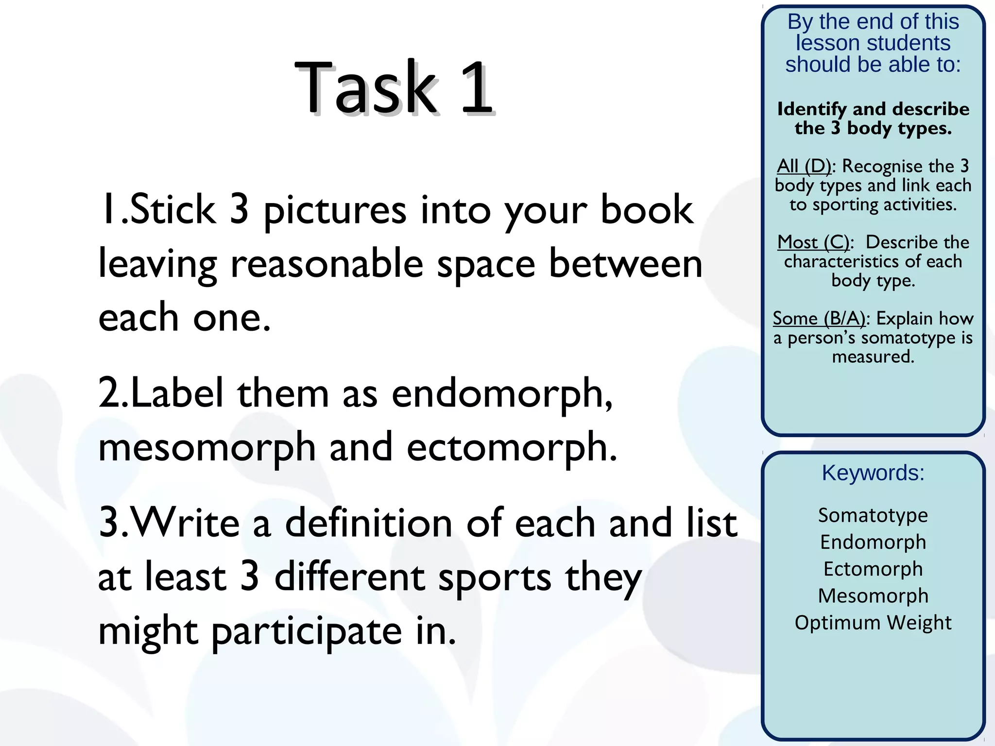 By the end of this
lesson students
should be able to:
Identify and describe
the 3 body types.
All (D): Recognise the 3
body types and link each
to sporting activities.
Most (C): Describe the
characteristics of each
body type.
Some (B/A): Explain how
a person’s somatotype is
measured.
Keywords:
Somatotype
Endomorph
Ectomorph
Mesomorph
Optimum Weight
Task 1Task 1
1.Stick 3 pictures into your book
leaving reasonable space between
each one.
2.Label them as endomorph,
mesomorph and ectomorph.
3.Write a definition of each and list
at least 3 different sports they
might participate in.
 