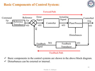 Basic Components of Control System:
✓ Basic components in the control systems are shown in the above block diagram.
✓ Disturbances can be external or internal.
Reference
Transducer
Controller Plant/Process
Feedback
Transducer
Command
I/p
Reference
I/p
Feedback
Signal
Actuating
Signal
Error
Signal
Controlled
O/p
r(t) e(t)
b(t) c(t)
c(t)
u(t)
Feedback Path
Forward Path
∓
Disturbances
10
Shadab. A. Siddique
 