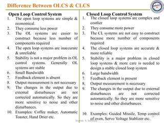 Difference Between OLCS & CLCS
Open Loop Control System Closed Loop Control System
1. The closed loop systems are complex and
costlier
2. They consume more power
3. The CL systems are not easy to construct
because more number of components
required
4. The closed loop systems are accurate &
more reliable
5. Stability is a major problem in closed
loop systems & more care is needed to
design a stable closed loop system
6. Large bandwidth
7. Feedback element is present
8. Output measurement is necessary
9. The changes in the output due to external
disturbances are not corrected
automatically. So they are more sensitive
to noise and other disturbances.
10. Examples: Guided Missile, Temp control
of oven, Servo Voltage Stablizer etc.
1. The open loop systems are simple &
economical.
2. They consume less power
3. The OL systems are easier to
construct because less number of
components required
4. The open loop systems are inaccurate
& unreliable
5. Stability is not a major problem in OL
control systems. Generally OL
systems are stable
6. Small Bandwidth
7. Feedback element is absent
8. Output measurement is not necessary
9. The changes in the output due to
external disturbances are not
corrected automatically. So they are
more sensitive to noise and other
disturbances.
10. Examples: Coffee maker, Automatic
Toaster, Hand Drier etc. 19
Shadab. A. Siddique
 