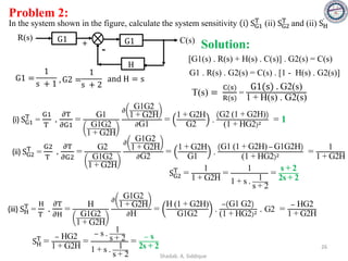 Problem 2:
In the system shown in the figure, calculate the system sensitivity i SG1
T
(ii) SG2
T
and (ii) SH
T
R(s) C(s)
+
-
G1 G1
H
1
s + 1
1
s + 2
G1 = , G2 = and H = s
Solution:
[G1(s) . R(s) + H(s) . C(s)] . G2(s) = C(s)
G1 . R(s) . G2(s) = C(s) . [1 - H(s) . G2(s)]
T(s) =
C(s)
R(s)
=
G1(s) . G2(s)
1 + H(s) . G2(s)
(i) SG1
T
=
G1
T
.
𝜕T
𝜕G1
=
G1
G1G2
1 + G2H
𝜕
G1G2
1 + G2H
𝜕G1 =
1 + G2H
G2 .
G2 (1 + G2H)
(1 + HG2)2 = 1
(ii) SG2
T
=
G2
T
.
𝜕T
𝜕G2
=
G2
G1G2
1 + G2H
𝜕
G1G2
1 + G2H
𝜕G2 =
1 + G2H
G1 .
G1 (1 + G2H)− G1G2H
(1 + HG2)2 =
1
1 + G2H
(iii) SH
T
=
H
T
.
𝜕T
𝜕H
=
H
G1G2
1 + G2H
𝜕
G1G2
1 + G2H
𝜕H
=
H (1 + G2H)
G1G2
.
− G1 G2
(1 + HG2)2 . G2 =
− HG2
1 + G2H
SH
T
=
− HG2
1 + G2H
=
− s . 1
s + 2
1 + s . 1
s + 2
=
− s
2s + 2
SG2
T
=
1
1 + G2H
=
1
1 + s . 1
s + 2
=
s + 2
2s + 2
26
Shadab. A. Siddique
 