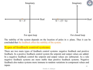 Imaginary Imaginary
Real Real
S = -T S = - (T + k)
× ×
For open loop For closed loop
The stability of the system depends on the location of poles in s- plane. Thus it can be
concluded that the feedback effect the stability of the system.
There are two main types of feedback control systems: negative feedback and positive
feedback. In a positive feedback control system the setpoint and output values are added.
In a negative feedback control the setpoint and output values are subtracted. As a rule
negative feedback systems are more stable than positive feedback systems. Negative
feedback also makes systems more immune to random variations in component values and
inputs
Types of feedback control systems:
30
Shadab. A. Siddique
 