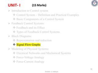 UNIT- I (15 Marks)
➢ Introduction to Control system
❖ Control System – Definition and Practical Examples
❖ Basic Components of a Control System
➢ Feedback Control Systems:
❖ Feedback and its Effect
❖ Types of Feedback Control Systems
➢ Block Diagrams:
❖ Representation and reduction
❖ Signal Flow Graphs
➢ Modeling of Physical Systems:
❖ Electrical Networks and Mechanical Systems
❖ Force-Voltage Analogy
❖ Force-Current Analogy
50
Shadab. A. Siddique
 