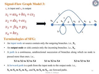 3
4
2
0
3
3
1
2
2
1
0
1
hx
x
gx
fx
x
ex
dx
x
cx
bx
ax
x
=
+
=
+
=
+
+
=
b
x4
x3
x2
x1
x0
h
f
g
e
d
c
a
xo is input and x4 is output
54
Signal-Flow Graph Model 3:
• An input node or source contain only the outgoing branches. i.e., X1
• An output node or sink contain only the incoming branches. i.e., X4
• A path is a continuous, unidirectional succession of branches along which no node is
passed more than ones. i.e.,
X1 to X2 to X3 to X4 X1 to X2 to X4 X2 to X3 to X4
• A forward path is a path from the input node to the output node. i.e.,
X1 to X2 to X3 to X4 , and X1 to X2 to X4 , are forward paths.
Terminologies of SFG:
Shadab. A. Siddique
 