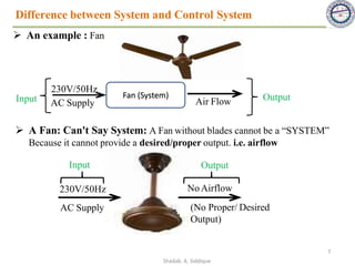 Difference between System and Control System
➢ An example : Fan
230V/50Hz
AC Supply Air Flow
Input Output
➢ A Fan: Can't Say System: A Fan without blades cannot be a “SYSTEM”
Because it cannot provide a desired/proper output. i.e. airflow
Fan (System)
Input
230V/50Hz
AC Supply
NoAirflow
(No Proper/ Desired
Output)
Output
7
Shadab. A. Siddique
 