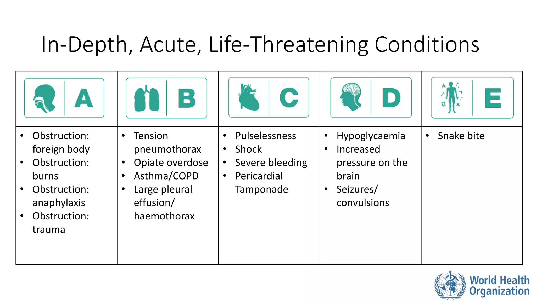 • Obstruction:
foreign body
• Obstruction:
burns
• Obstruction:
anaphylaxis
• Obstruction:
trauma
• Tension
pneumothorax
• Opiate overdose
• Asthma/COPD
• Large pleural
effusion/
haemothorax
• Pulselessness
• Shock
• Severe bleeding
• Pericardial
Tamponade
• Hypoglycaemia
• Increased
pressure on the
brain
• Seizures/
convulsions
• Snake bite
In-Depth, Acute, Life-Threatening Conditions
 