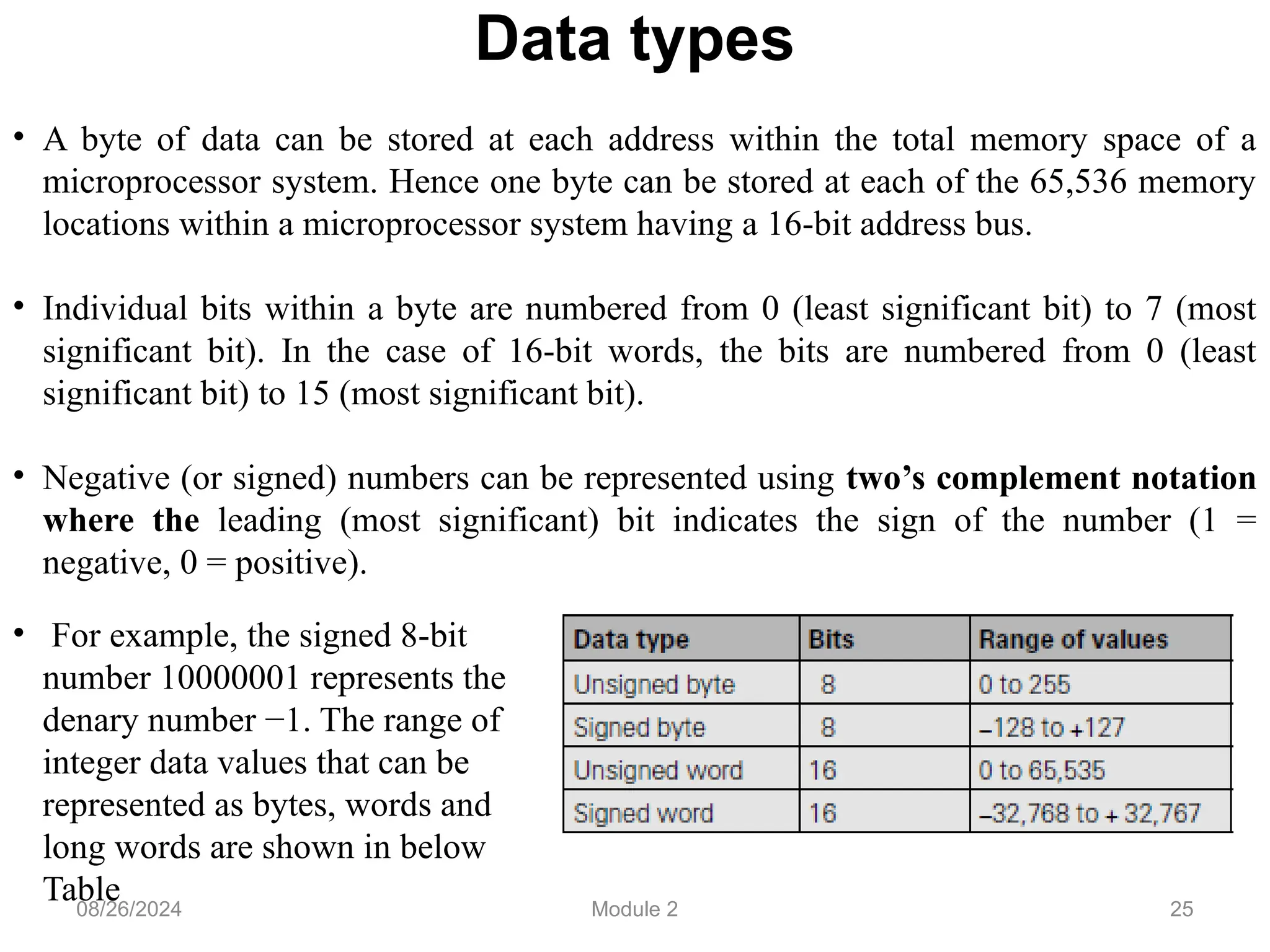 25
Data types
• A byte of data can be stored at each address within the total memory space of a
microprocessor system. Hence one byte can be stored at each of the 65,536 memory
locations within a microprocessor system having a 16-bit address bus.
• Individual bits within a byte are numbered from 0 (least significant bit) to 7 (most
significant bit). In the case of 16-bit words, the bits are numbered from 0 (least
significant bit) to 15 (most significant bit).
• Negative (or signed) numbers can be represented using two’s complement notation
where the leading (most significant) bit indicates the sign of the number (1 =
negative, 0 = positive).
08/26/2024 Module 2
• For example, the signed 8-bit
number 10000001 represents the
denary number −1. The range of
integer data values that can be
represented as bytes, words and
long words are shown in below
Table
 