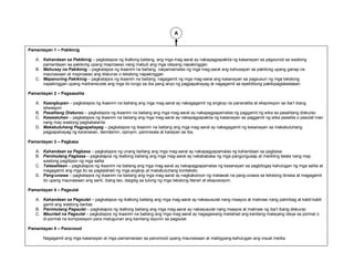 A
Pamantayan 1 – Pakikinig
A. Kahandaan sa Pakikinig – pagkatapos ng ikatlong baitang, ang mga mag-aaral ay nakapagpapakita ng kasanayan sa pagsunod sa wastong
pamantayan sa pakikinig upang maproseso nang mabuti ang mga ideyang napakinggan.
B. Mahusay na Pakikinig – pagkatapos ng ikaanim na baitang, naipamamalas ng mga mag-aaral ang kahusayan sa pakikinig upang ganap na
maunawaan at maproseso ang diskurso o tekstong napakinggan
C. Mapanuring Pakikinig – pagkatapos ng ikaanim na baitang, nagagamit ng mga mag-aaral ang kasanayan sa pagsusuri ng mga tekstong
napakinggan upang maitranscode ang mga ito tungo sa iba pang anyo ng pagpapahayag at nagagamit sa epektibong pakikipagtalastasan
Pamantayan 2 – Pagsasalita
A. Kaangkupan – pagkatapos ng ikaanim na baitang ang mga mag-aaral ay nakagagamit ng angkop na pananalita at ekspresyon sa iba’t ibang
sitwasyon
B. Pasalitang Diskurso – pagkatapos ng ikaanim na baitang ang mga mag-aaral ay nakapagpapamalas ng paggamit ng wika sa pasalitang diskurso
C. Kawastuhan – pagkatapos ng ikaanim na baitang ang mga mag-aaral ay nakapagpapakita ng kasanayan sa paggamit ng wika pasalita o pasulat man
nang may wastong pagbabalarila
D. Makabuluhang Pagpapahayag – pagkatapos ng ikaanim na baitang ang mga mag-aaral ay nakagagamit ng kasanayan sa makabuluhang
pagpapahayag ng karanasan, damdamin, opinyon, paniniwala at kaisipan sa iba.
Pamantayan 3 – Pagbasa
A. Kahandaan sa Pagbasa – pagkatapos ng unang baitang ang mga mag-aaral ay nakapagpapamalas ng kahandaan sa pagbasa
B. Panimulang Pagbasa – pagkatapos ng ikatlong baitang ang mga mag-aaral ay nakababasa ng mga pangungusap at maiikling talata nang may
wastong paglilipon ng mga salita
C. Talasalitaan – pagkatapos ng ikaanim na baitang ang mga mag-aaral ay nakapagpapamalas ng kasanayan sa pagbibigay kahulugan ng mga salita at
magagamit ang mga ito sa paglalahad ng mga angkop at makabuluhang konteksto.
D. Pang-unawa – pagkatapos ng ikaanim na baitang ang mga mag-aaral ay nagkakaroon ng malawak na pang-unawa sa tekstong binasa at magagamit
ito upang maunawaan ang sarili, ibang tao, daigdig sa tulong ng mga tekstong literari at eksposisyon.
Pamantayan 4 – Pagsulat
A. Kahandaan sa Pagsulat – pagkatapos ng ikatlong baitang ang mga mag-aaral ay nakasusulat nang maayos at malinaw nang palimbag at kabit-kabit
gamit ang wastong bantas
B. Panimulang Pagsulat – pagkatapos ng ikatlong baitang ang mga mag-aaral ay nakasusulat nang maayos at malinaw ng iba’t ibang diskurso
C. Maunlad na Pagsulat – pagkatapos ng ikaanim na baitang ang mga mag-aaral ay nagagawang mailahad ang kanilang malayang ideya sa pormal o
di-pormal na komposisyon para matugunan ang kanilang layunin sa pagsulat
Pamantayan 5 – Panonood
Nagagamit ang mga kasanayan at mga pamamaraan sa panonood upang maunawaan at mabigyang-kahulugan ang visual media.

 