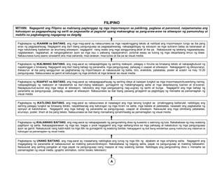 FILIPINO
MITHIIN: Nagagamit ang Filipino sa mabisang pagtanggap ng mga impormasyon sa pakikinig, pagbasa at panonood, naipamamalas ang
kahusayan sa pagpapahayag ng sarili sa pagsasalita at pagsulat upang makaangkop sa pang-araw-araw na sitwasyon ng pamumuhay at
mabilis na pagbabagong nagaganap sa daigdig
Pagkatapos ng IKAANIM na BAITANG, ang mga mag-aaral ay nakauunawa sa mga napakinggang teksto at naililipat ang impormasyon tungo sa iba pang
anyo ng pagpapahayag. Nagagamit ang iba’t ibang pangungusap sa pagpapaliwanag, nakapagbibigay ng solusyon sa mga suliranin batay sa karanasan at
mga natutuhang kaalaman sa anumang sitwasyon, nagagamit nang wasto ang mga sangguniang-aklat at iba pa. Nakasusulat ng talatang nagsasalaysay,
naglalarawan, naglalahad, at nangangatwiran ayon sa mga isyu o paksang napapanahon, pictorial essay sa tulong ng mga ideya/talang binuo ng klase.
Nakauunawa kung paano ginagamit ang mga pananda, mga larawan, mga tunog at iba pa sa visual media.
Pagkatapos ng IKALIMANG BAITANG, ang mag-aaral ay nakapagbibigay ng sariling reaksyon, palagay o hinuha sa binasang teksto at nakapagbubuod ng
napakinggan o binasang. Nagagamit ang iba’t ibang bahagi ng pananalita, mga pangungusap, pahayag o usapan at sitwasyon. Nakagagamit ng diksyunaryo,
thesaurus’ at iba pang sanggunian sa paghahanap ng impormasyon at nakasusulat ng balita, biro, anekdota, patalastas, poster at sulatin na may 15-20
pangungusap. Nakauunawa sa gamit at kahulugan ng mga simbolo at mga larawan sa visual media.
Pagkatapos ng IKAAPAT na BAITANG, ang mag-aaral ay nakapagpapahayag ng sariling ideya at kaisipan tungkol sa mga impormasyon/kuwentong narinig,
nakapagbibigay ng reaksiyon at nakalalahok sa iba’t-ibang talakayan, gumagamit ng matalinghagang salita at mga ekspresyong tuwiran at di-tuwiran.
Napagsusunud-sunod ang mga ideya at sitwasyon, natutukoy ang mga pangyayaring nag-uugnay ng sanhi at bunga. Nagagamit ang mga bahagi ng
pananalita sa pangungusap, pahayag, usapan at sitwasyon. Nakauunawa sa ibat ibang paraang ginagamit sa pagbibigay ng mensahe sa pamamagitan ng
visual media.
Pagkatapos ng IKATLONG BAITANG, ang mag-aaral ay nakauunawa at nasasagot ang mga tanong tungkol sa pinakinggang balita/ulat, naibibigay ang
sariling palagay tungkol sa binasang teksto, naipaliliwanag ang kahulugan ng mga hiram na salita, mga babala at patalastas; nasasabi ang pagkakaiba ng
opinyon at katotohanan. Nagagamit ang mga bahagi ng pananalita sa pangungusap, usapan at sitwasyon. Naisusulat ang mga idiniktang patalastas,
anunsiyo, poster, liham at iba pang teksto. Nakauunawa sa ibat ibang mensaheng ipinahihiwatig sa pamamagitan ng visual media.
Pagkatapos ng IKALAWANG BAITANG, ang mag-aaral ay nakapagsasabi ng pangunahing diwa ng kuwento o saknong ng tula. Nakababasa ng may wastong
paglilipon ng salita. Nakapaglalarawan ng mga tao, bagay o pook nagagamit ang mga salitang-kilos sa mga pahayag at nakabubuo ng mga pangungusap
ayon sa gamit. Nakasusulat nang kabit-kabit na mga titik na gumagamit ng wastong bantas. Nakagagamit ng ibat ibang estratehiya upang mahinuha ang nilalaman at
kahulugan sa pamamagitan ng visual media.
Pagkatapos ng UNANG BAITANG, ang mag-aaral ay inaasahang nabibigkas ang tunog ng mga titik ng alpabeto at mga simpleng salita. Nagagamit ang
magagalang na pananalita at nakasusunod sa maikling panuto/direksyon. Nakababasa ng bagong salita, payak na pangungusap at maikling babasahin.
Naisusulat ang sariling pangalan at mga payak na pangungusap nang maayos at may wastong bantas. Naibibigay ang pangunahing diwa o mensahe sa
pamamagitan ng visual media, (graphic animation, comic books, television)
A
 