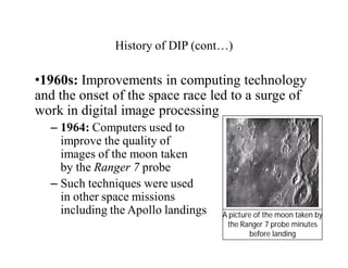 History of DIP (cont…)
•1960s: Improvements in computing technology
and the onset of the space race led to a surge of
work in digital image processing
– 1964: Computers used to
improve the quality of
images of the moon taken
by the Ranger 7 probe
– Such techniques were used
in other space missions
including the Apollo landings A picture of the moon taken by
the Ranger 7 probe minutes
before landing
 