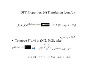 DFT Properties: (4) Translation (cont’d)
• To move F(u,v) at (N/2, N/2), take
)
N
)
N
 