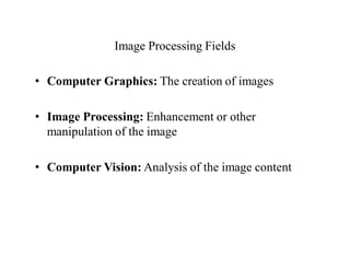 Image Processing Fields
• Computer Graphics: The creation of images
• Image Processing: Enhancement or other
manipulation of the image
• Computer Vision: Analysis of the image content
 
