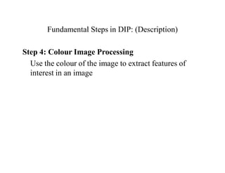 Fundamental Steps in DIP: (Description)
Step 4: Colour Image Processing
Use the colour of the image to extract features of
interest in an image
 