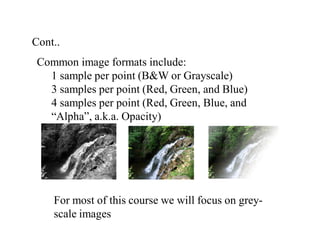 Cont..
Common image formats include:
1 sample per point (B&W or Grayscale)
3 samples per point (Red, Green, and Blue)
4 samples per point (Red, Green, Blue, and
“Alpha”, a.k.a. Opacity)
For most of this course we will focus on grey-
scale images
 