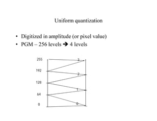 Uniform quantization
• Digitized in amplitude (or pixel value)
• PGM – 256 levels  4 levels
0
255
64
128
192
0
3
1
2
 