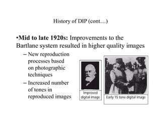 History of DIP (cont…)
•Mid to late 1920s: Improvements to the
Bartlane system resulted in higher quality images
– New reproduction
processes based
on photographic
techniques
– Increased number
of tones in
reproduced images
Improved
digital image Early 15 tone digital image
 