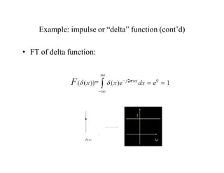 Example: impulse or “delta” function (cont’d)
• FT of delta function:
1
u
x
 