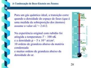 28
A Condensação de Bose-Einstein em ÁtomosA Condensação de Bose-Einstein em Átomos
Para um gás quântico ideal, a transição corre
quando a densidade do espaço de fases (que é
uma medida da sobreposição dos átomos)
assume o valor nλ3
= 2.612.
Na experiência original com rubídio foi
atingida a temperatura T ~ 100 nK
e a densidade ρ ~ 5 x 1012
at/cm3
.
10 ordens de grandeza abaixo da matéria
condensada
e muitas ordens de grandeza abaixo da
densidade do ar.
 