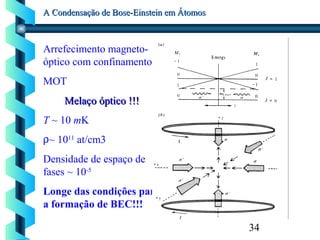 34
A Condensação de Bose-Einstein em ÁtomosA Condensação de Bose-Einstein em Átomos
Arrefecimento magneto-
óptico com confinamento
MOT
Melaço óptico !!!Melaço óptico !!!
T ~ 10 mK
ρ~ 1011
at/cm3
Densidade de espaço de
fases ~ 10-5
Longe das condições para
a formação de BEC!!!
 