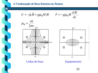 35
A Condensação de Bose-Einstein em ÁtomosA Condensação de Bose-Einstein em Átomos
Linhas de força Equipotenciais
mc
e
dz
Bd
MgFBMgBU
2
..
B
BB


=
−==−=
µ
µµµ
 