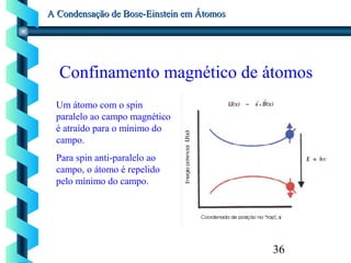 36
A Condensação de Bose-Einstein em ÁtomosA Condensação de Bose-Einstein em Átomos
Confinamento magnético de átomos
Um átomo com o spin
paralelo ao campo magnético
é atraído para o mínimo do
campo.
Para spin anti-paralelo ao
campo, o átomo é repelido
pelo mínimo do campo.
 