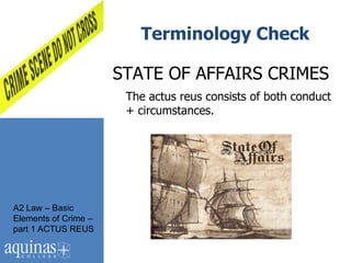 Terminology Check

                      STATE OF AFFAIRS CRIMES
                       The actus reus consists of both conduct
                       + circumstances.




A2 Law – Basic
Elements of Crime –
part 1 ACTUS REUS
 