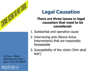 Legal Causation
                           There are three issues in legal
                              causation that need to be
                                     considered:
                      1. Substantial and operative cause
                      2. Intervening acts (Novus Actus
                         Interveniens) that are reasonably
                         foreseeable
                      3. Susceptibility of the victim („thin skull
                         test‟)
A2 Law – Basic
Elements of Crime –
part 1 ACTUS REUS
 