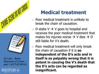 Medical treatment
                      o Poor medical treatment is unlikely to
                        break the chain of causation.
                      o D stabs V  V goes to hospital and
                        receives the poor medical treatment that
                        makes his injuries worse  V dies  D
                        still liable for V‟s death.
                      o Poor medical treatment will only break
                        the chain of causation if it is so
                        independent of the D’s acts and in
A2 Law – Basic          itself is so palpably wrong that it is
Elements of Crime –     potent in causing the V’s death that
part 1 ACTUS REUS
                        the D’s acts can be regarded as
                        insignificant.
 