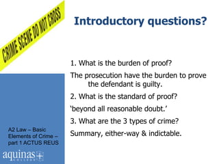 Introductory questions?


                      1. What is the burden of proof?
                      The prosecution have the burden to prove
                           the defendant is guilty.
                      2. What is the standard of proof?
                      „beyond all reasonable doubt.‟
                      3. What are the 3 types of crime?
A2 Law – Basic
Elements of Crime –   Summary, either-way & indictable.
part 1 ACTUS REUS
 