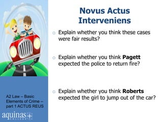 Novus Actus
                                Interveniens
                      o Explain whether you think these cases
                        were fair results?


                      o Explain whether you think Pagett
                        expected the police to return fire?




                      o Explain whether you think Roberts
A2 Law – Basic          expected the girl to jump out of the car?
Elements of Crime –
part 1 ACTUS REUS
 