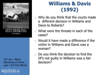 Williams & Davis
                                    (1992)
                      o Why do you think that the courts made
                        a different decision in Williams and
                        Davis to Roberts?
                      o What were the threats in each of the
                        cases?
                      o Would it have made a difference if the
                        victim in Williams and Davis was a
                        woman?
                      o Do you think the decision to find the
A2 Law – Basic          Df‟s not guilty in Williams was a fair
Elements of Crime –     decision?
part 1 ACTUS REUS
 