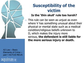 Susceptibility of the
                                  victim
                          Is the ‘thin skull’ rule too harsh?
                      o This rule can be seen as unjust as even
                        where V has something unusual about their
                        physical or mental state such as a medical
                        condition/religious beliefs unknown to
                        D, which makes the injury more
                        serious, the defendant is still liable for
                        the more serious injury or death.


A2 Law – Basic
Elements of Crime –
part 1 ACTUS REUS
 
